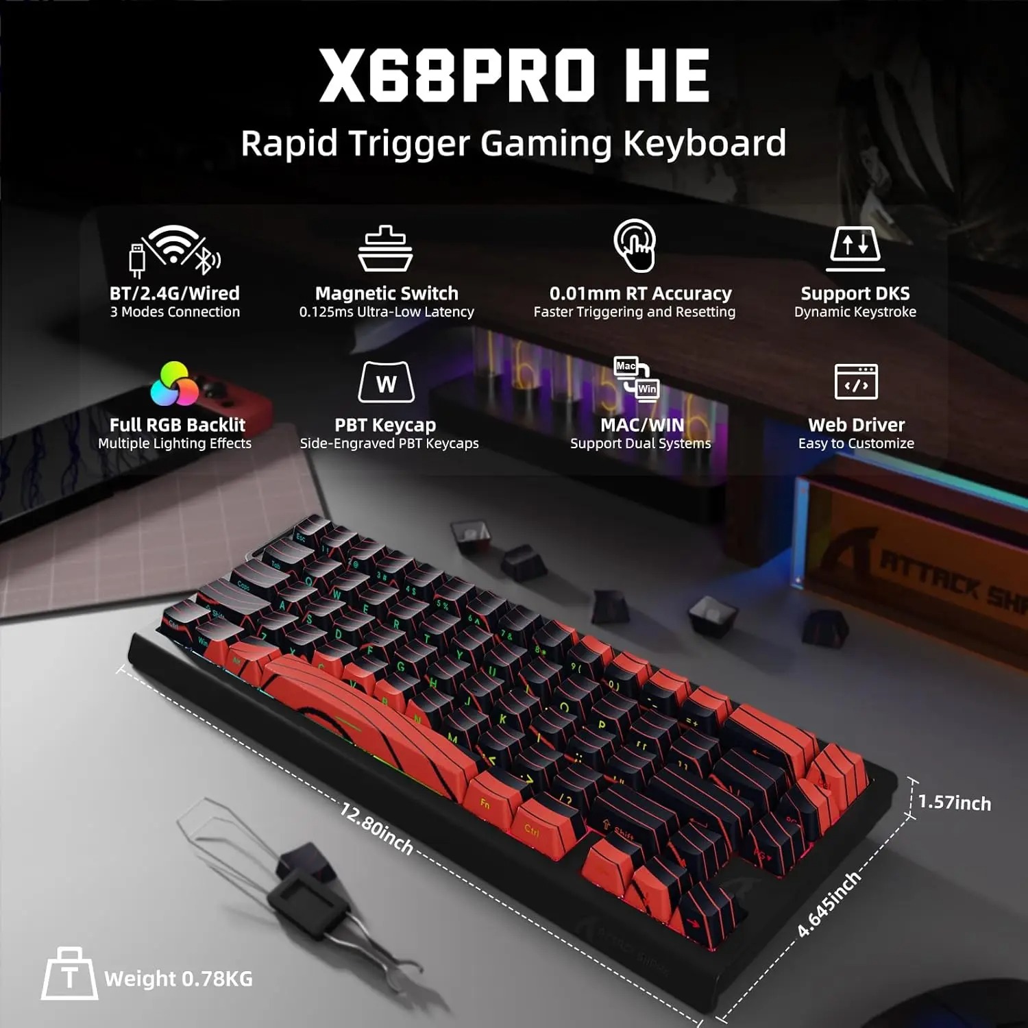 Gaming Keyboard Hot Swappable - ATTACK SHARK X68 PRO HE Беспроводная